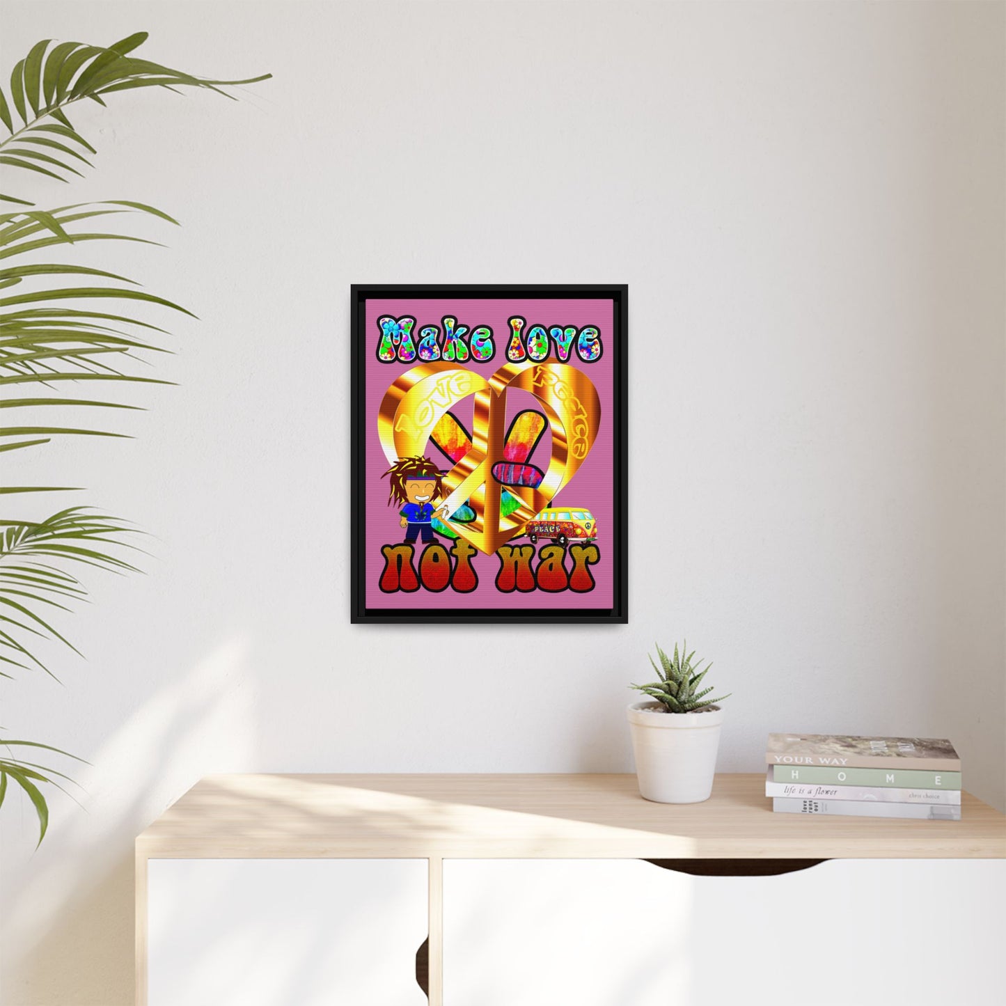 love peace - framed canvas art (light pink)