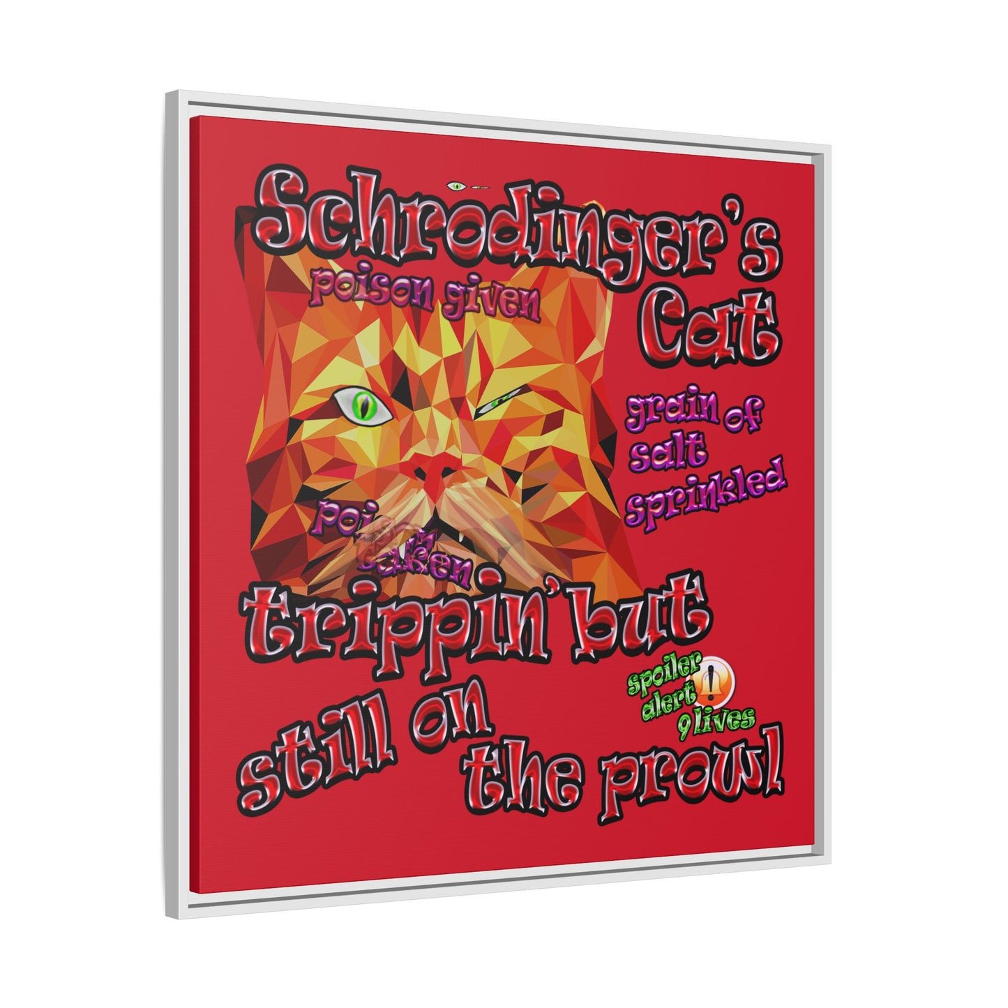 schrodinger's cat - framed canvas art (dark red)