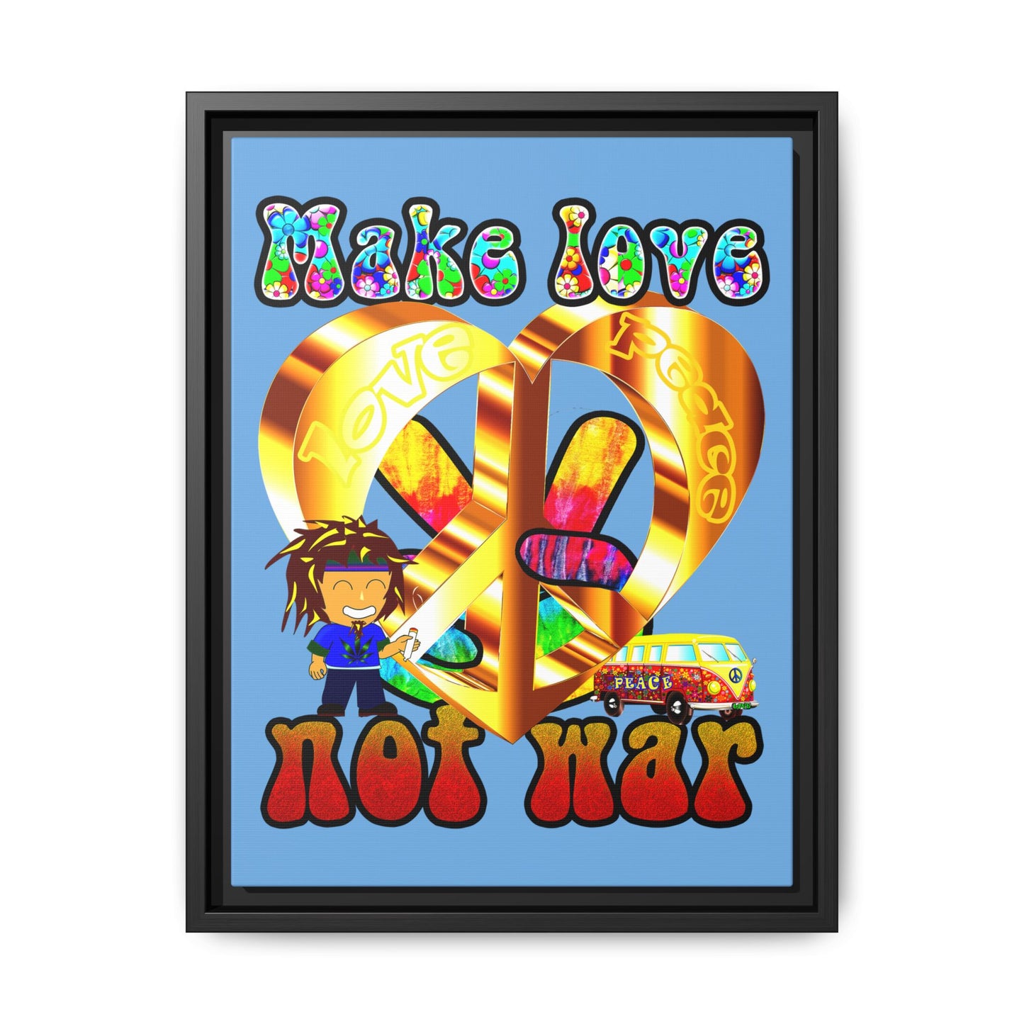 love peace - framed canvas art (light blue)