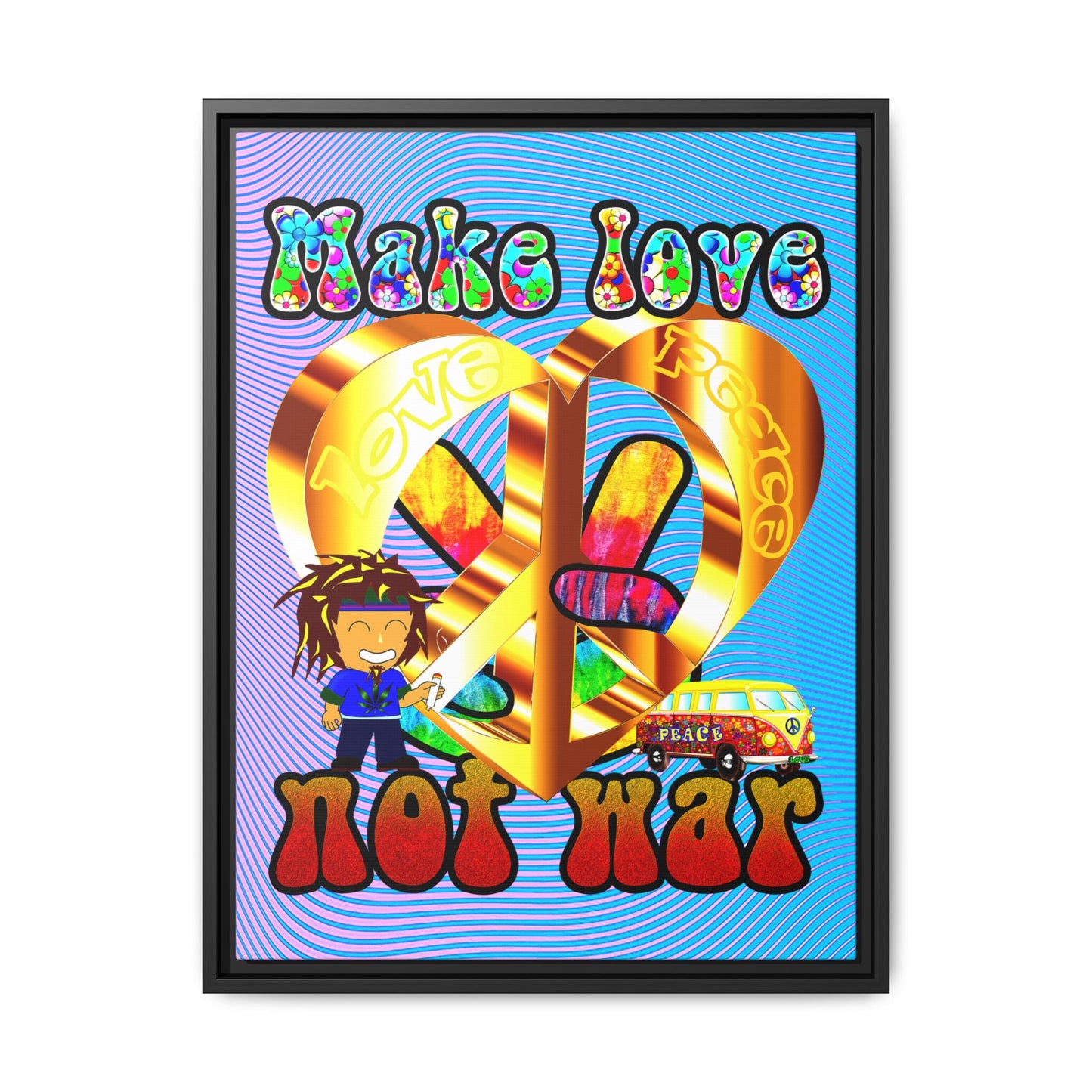 love peace - framed canvas art (light blue-purple wave)