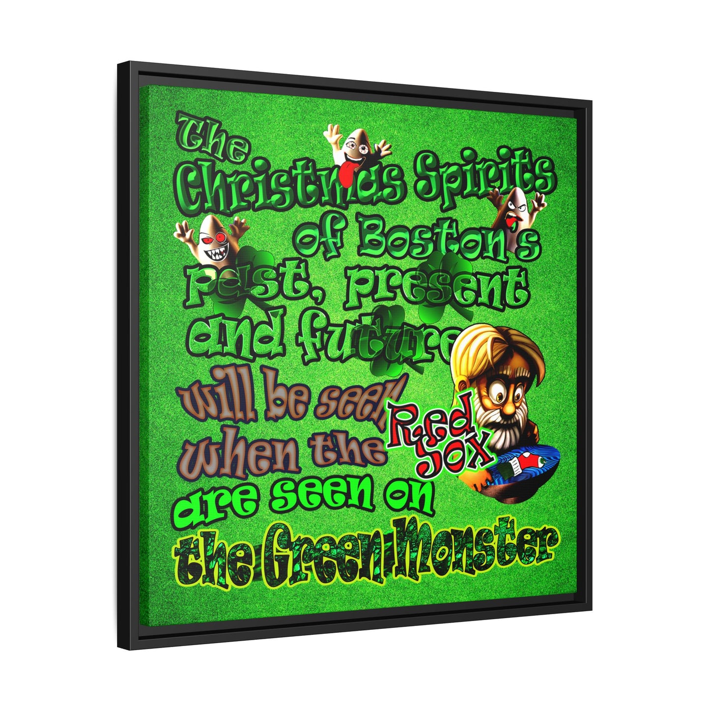 christmas spirits of boston - framed canvas art (green turf)