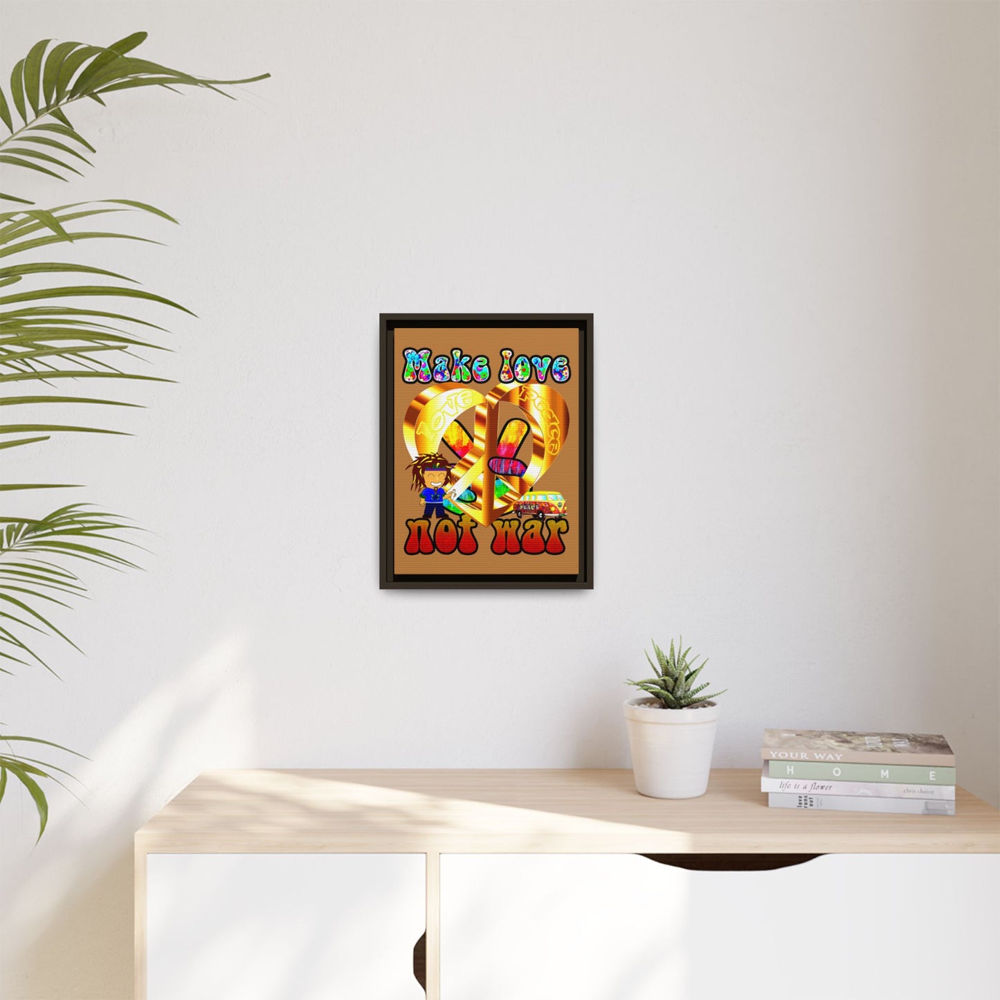 love peace - framed canvas art (light brown)