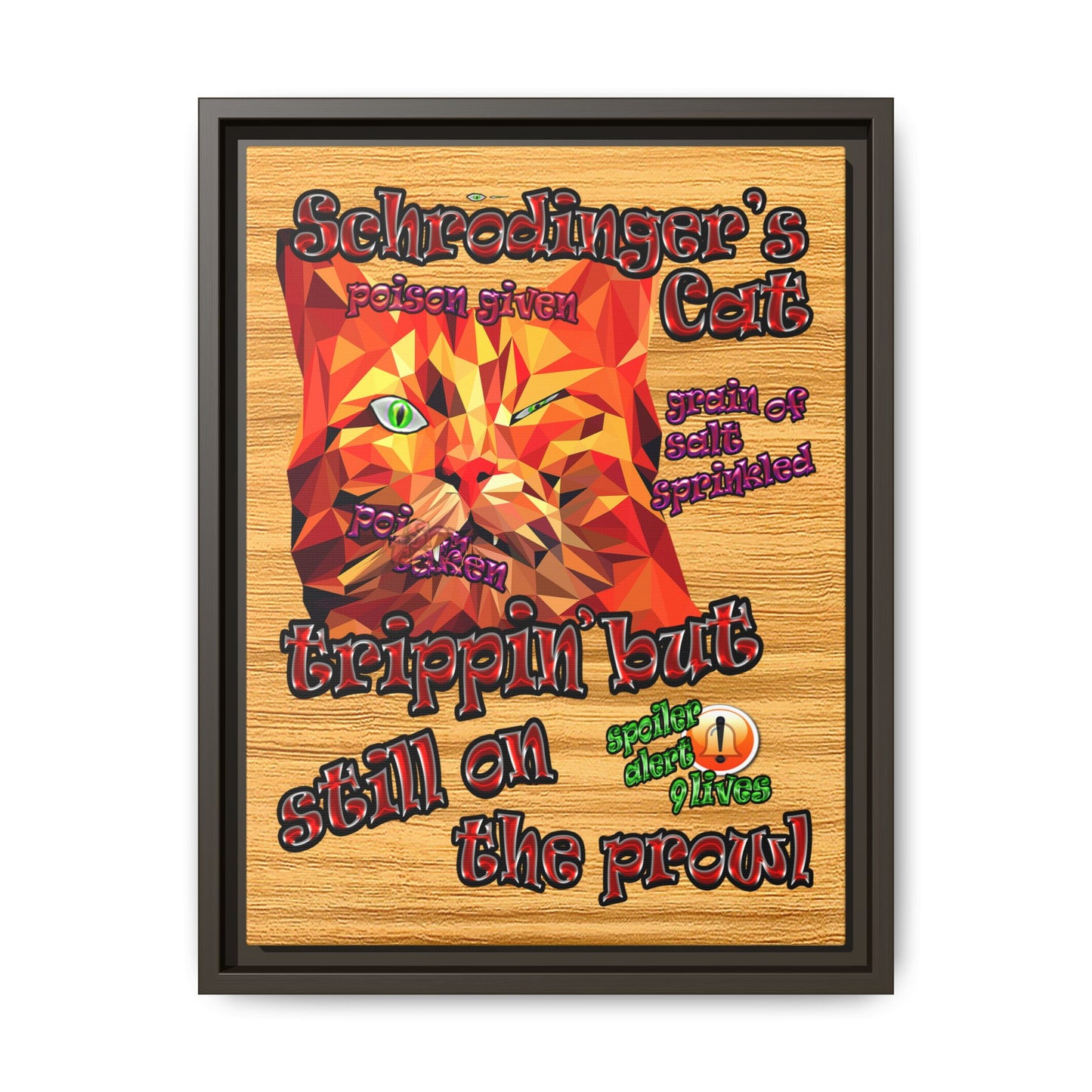 schrodinger's cat - framed canvas art (butterscotch wood finish)