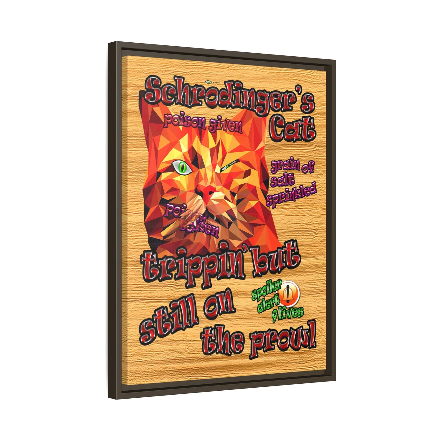 schrodinger's cat - framed canvas art (butterscotch wood finish)