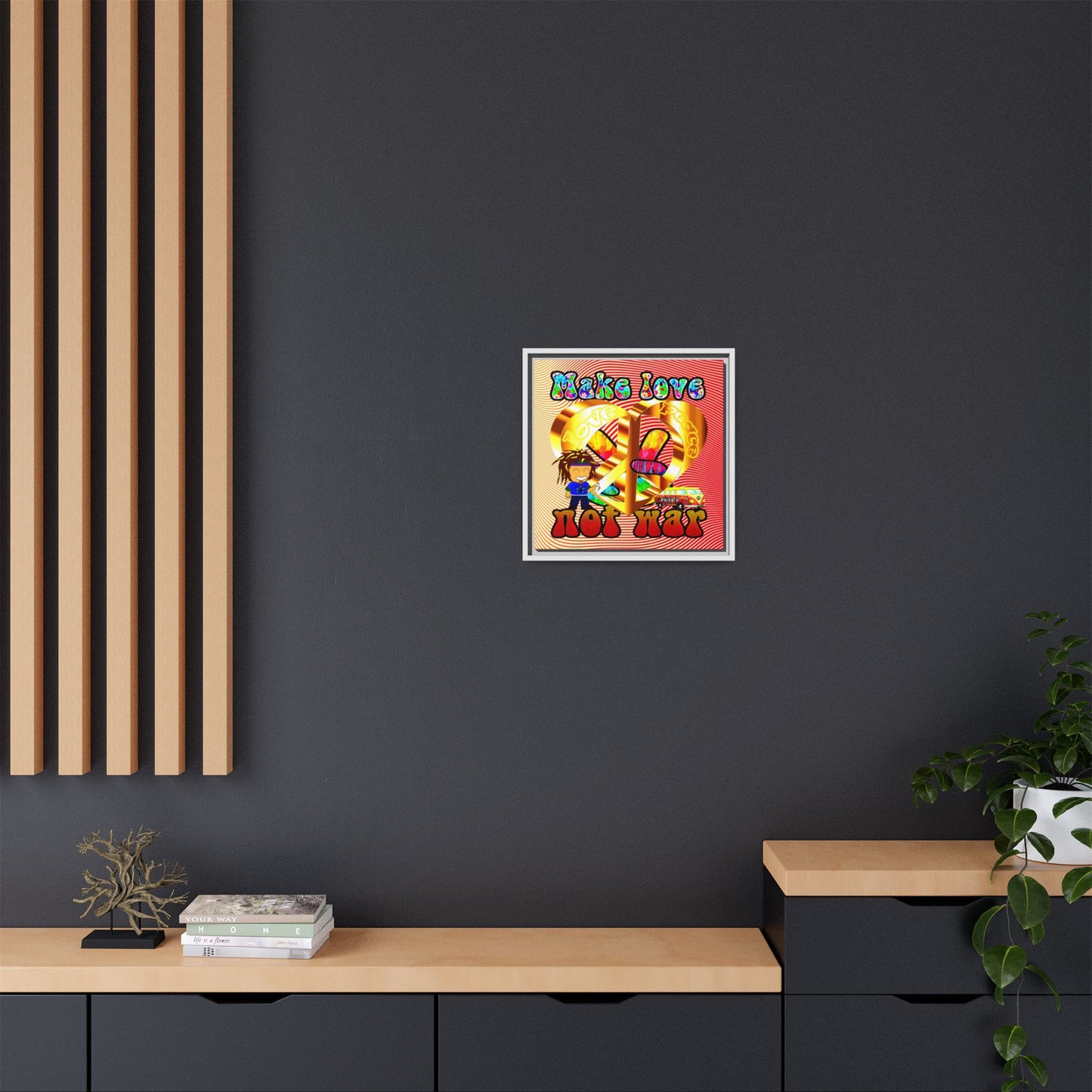 love peace - framed canvas art (yellow-orange wave)