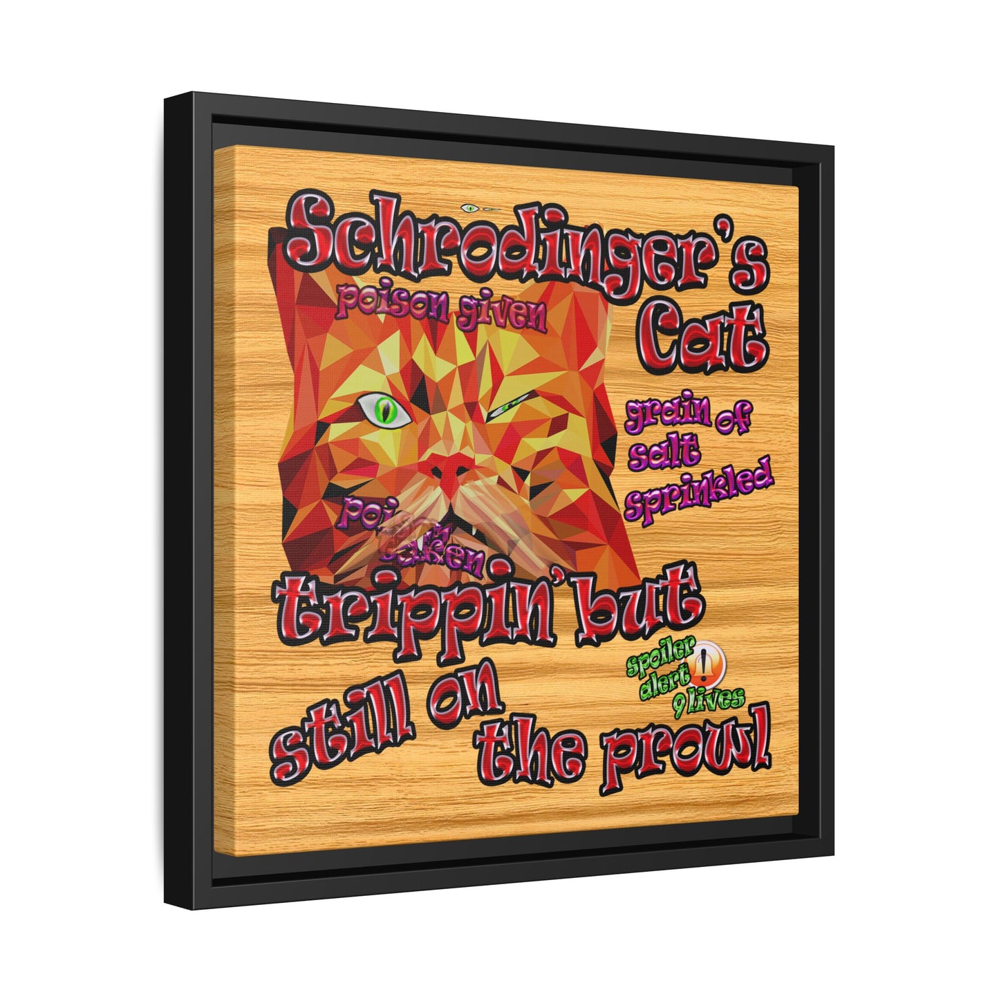 schrodinger's cat - framed canvas art (butterscotch wood finish)