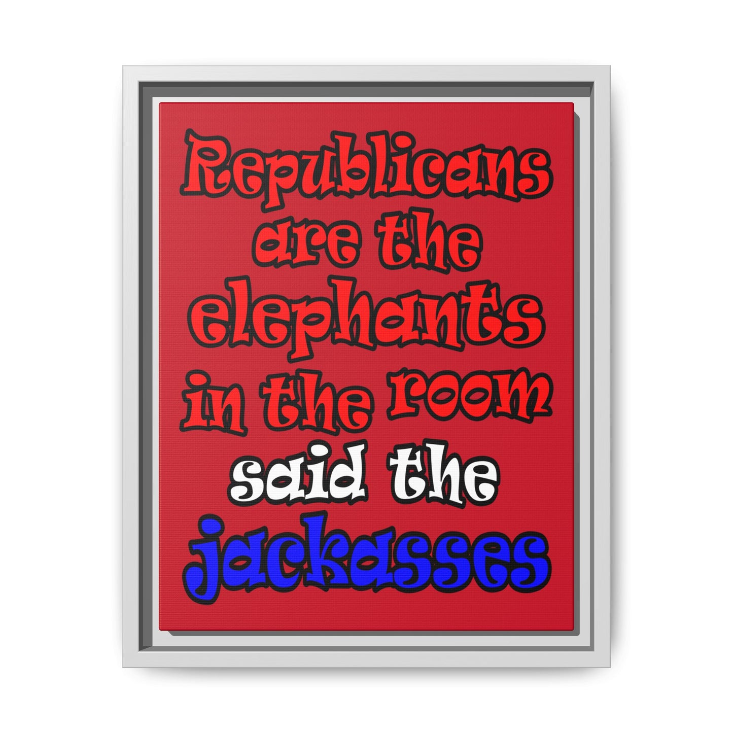 donkeys and elephants - framed canvas art (dark red)