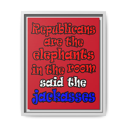 donkeys and elephants - framed canvas art (dark red)