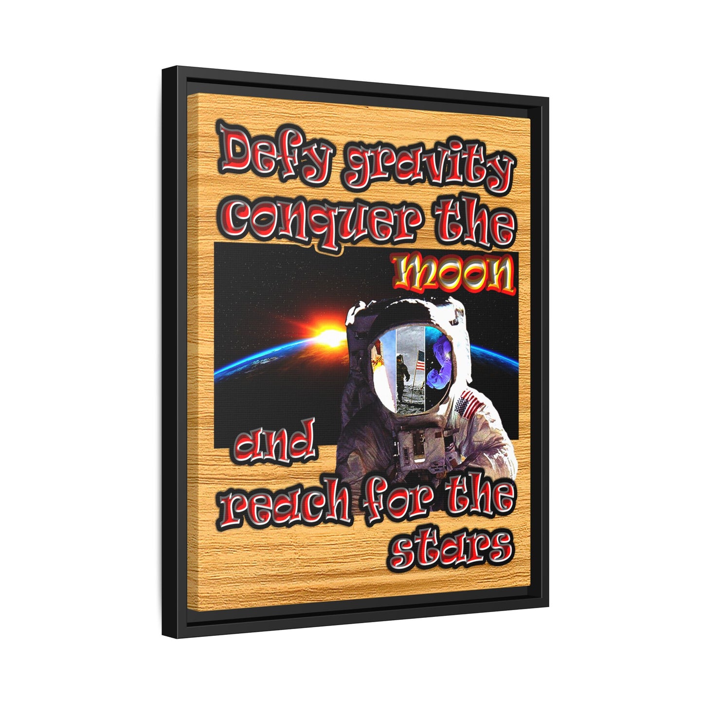 defy conquer reach - framed canvas art (butterscotch wood finish)
