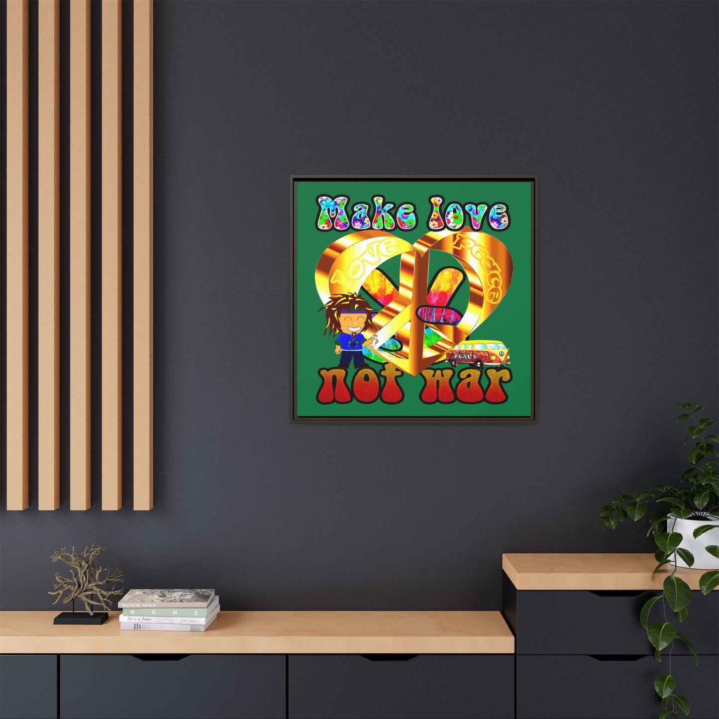 love peace - framed canvas art (dark green)