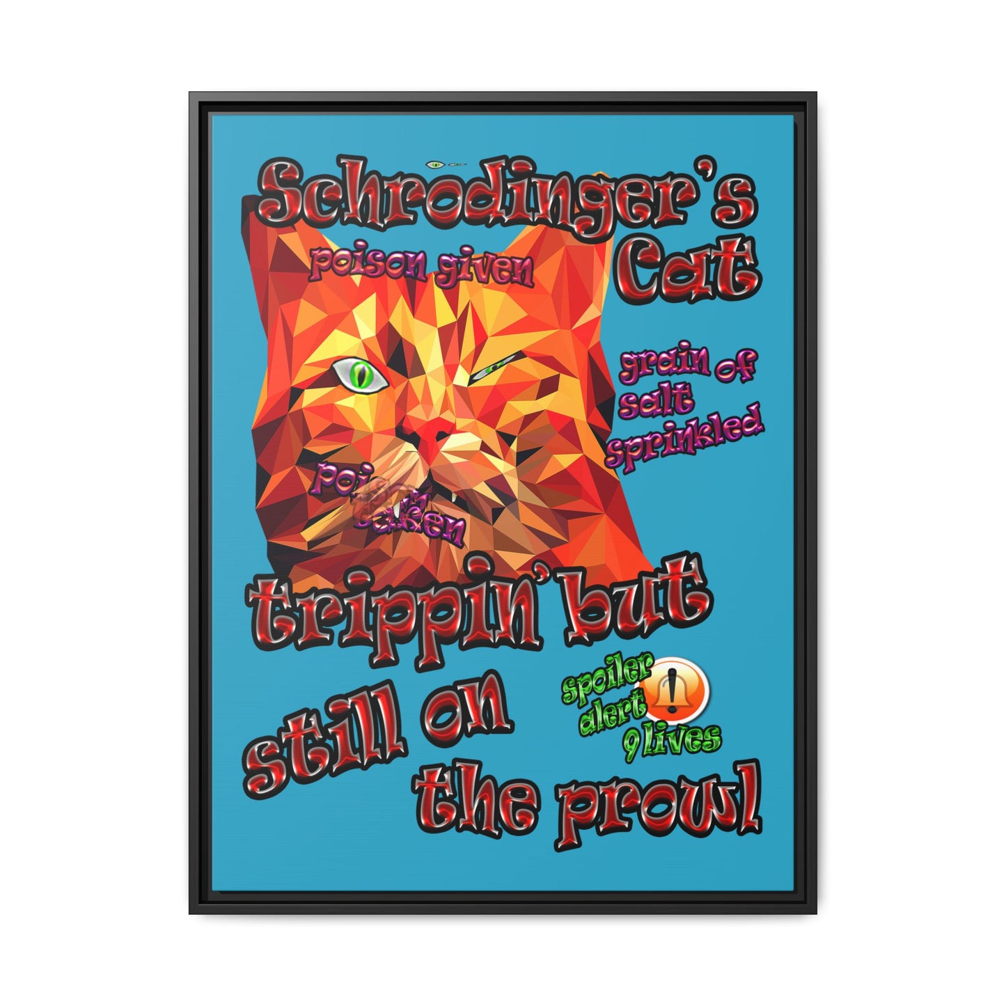 schrodinger's cat - framed canvas art (turquoise)
