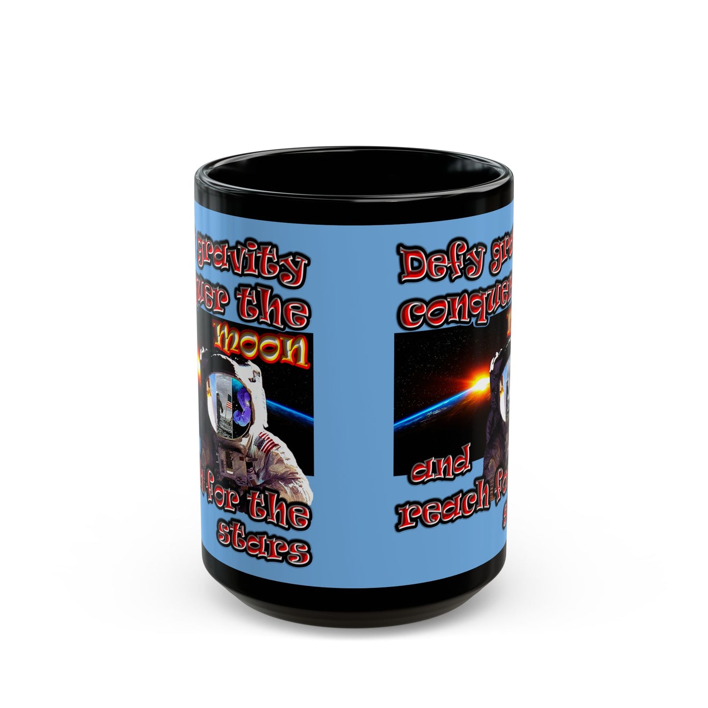defy conquer reach - Black Mug (light blue)