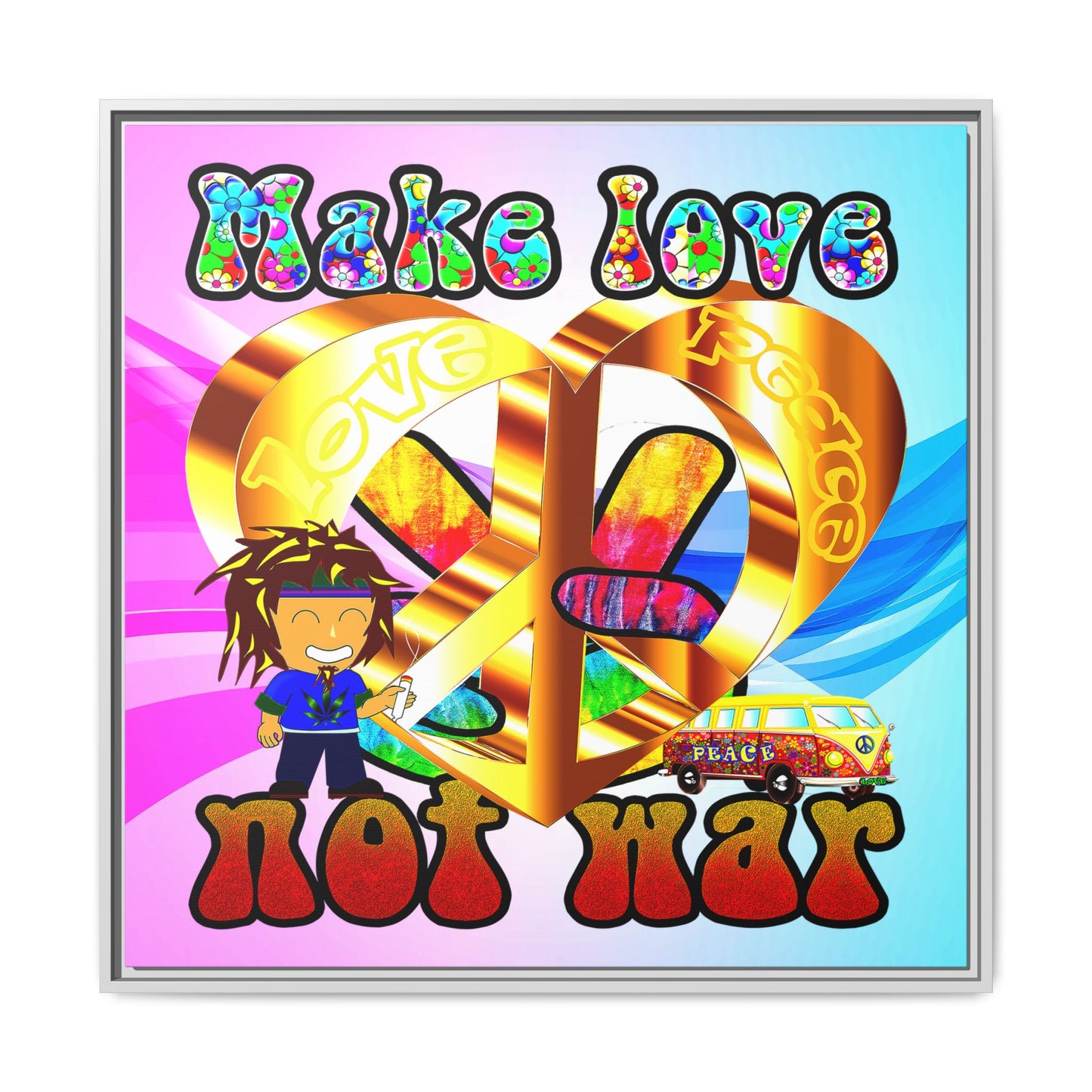 love peace - framed canvas art (light blue-pink wave)