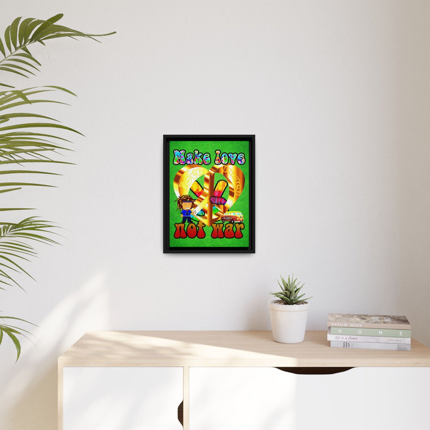love peace - framed canvas art (green turf)