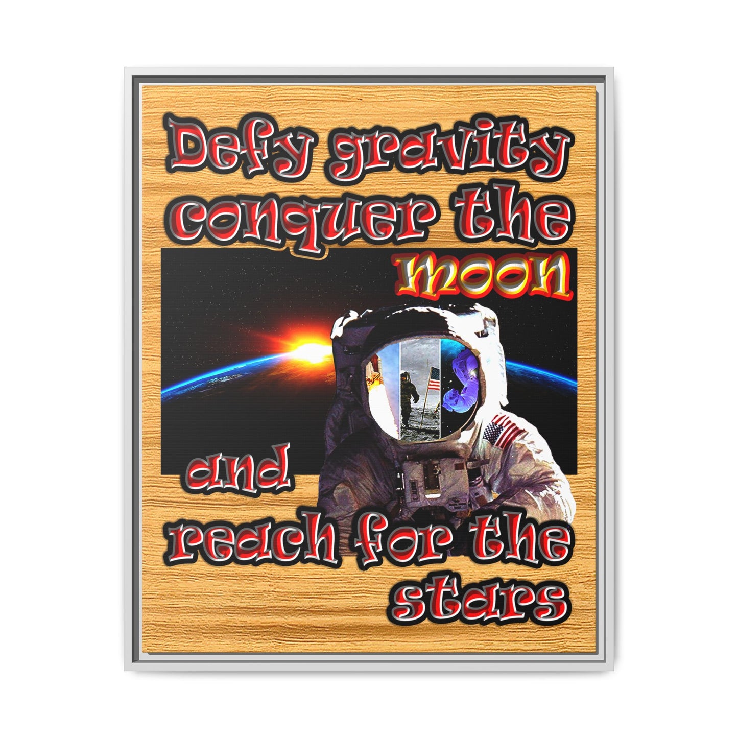 defy conquer reach - framed canvas art (butterscotch wood finish)
