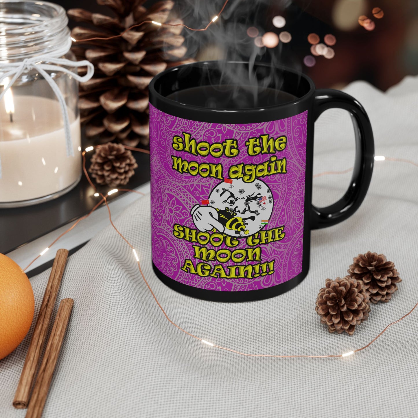 shoot the moon again - Black Mug (pink swirl)