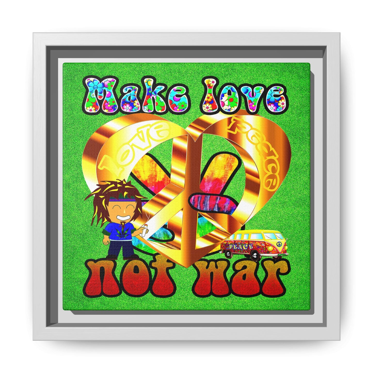 love peace - framed canvas art (green turf)