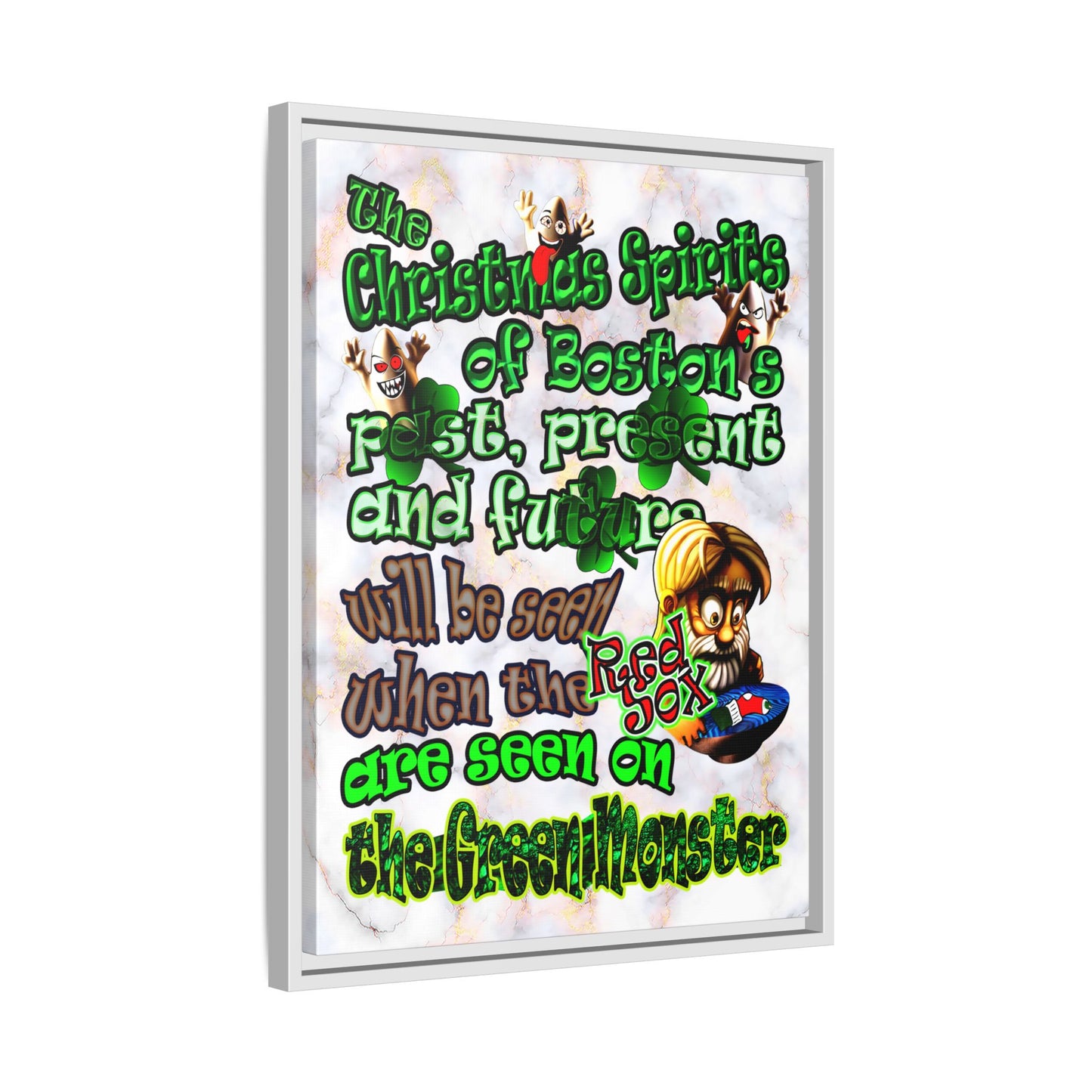 christmas spirits of boston - framed canvas art (white marble)