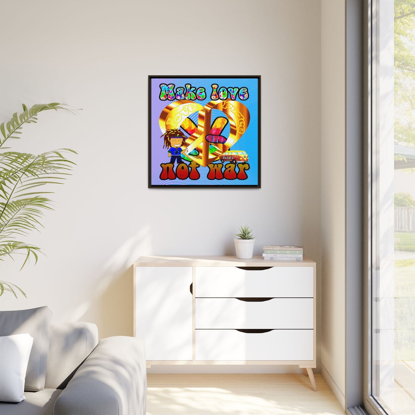 love peace - framed canvas art (light blue-purple wave)