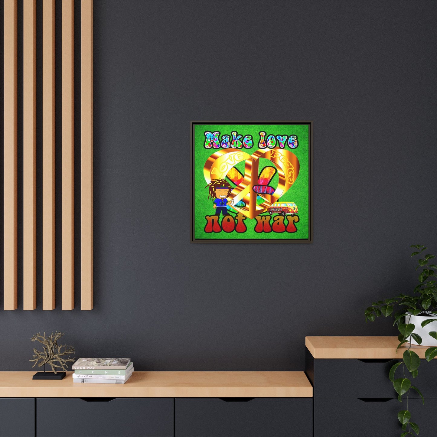 love peace - framed canvas art (green turf)
