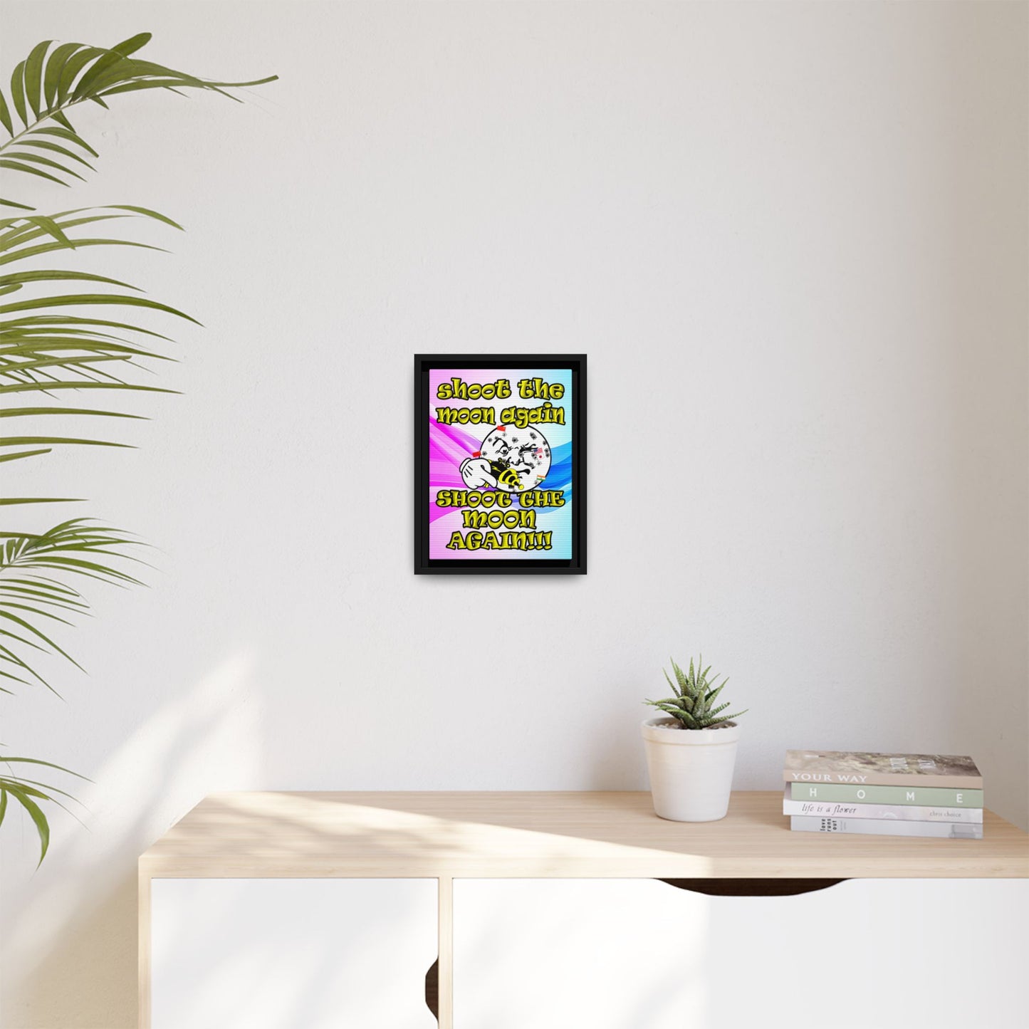 shoot the moon again - framed canvas art (light blue-pink wave)