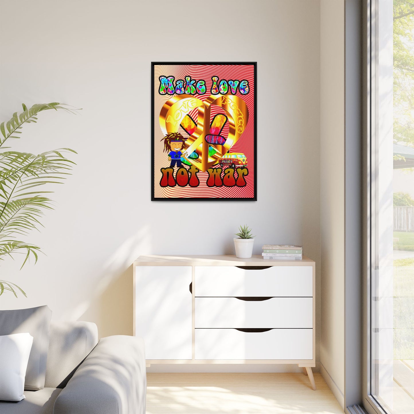 love peace - framed canvas art (yellow-orange wave)