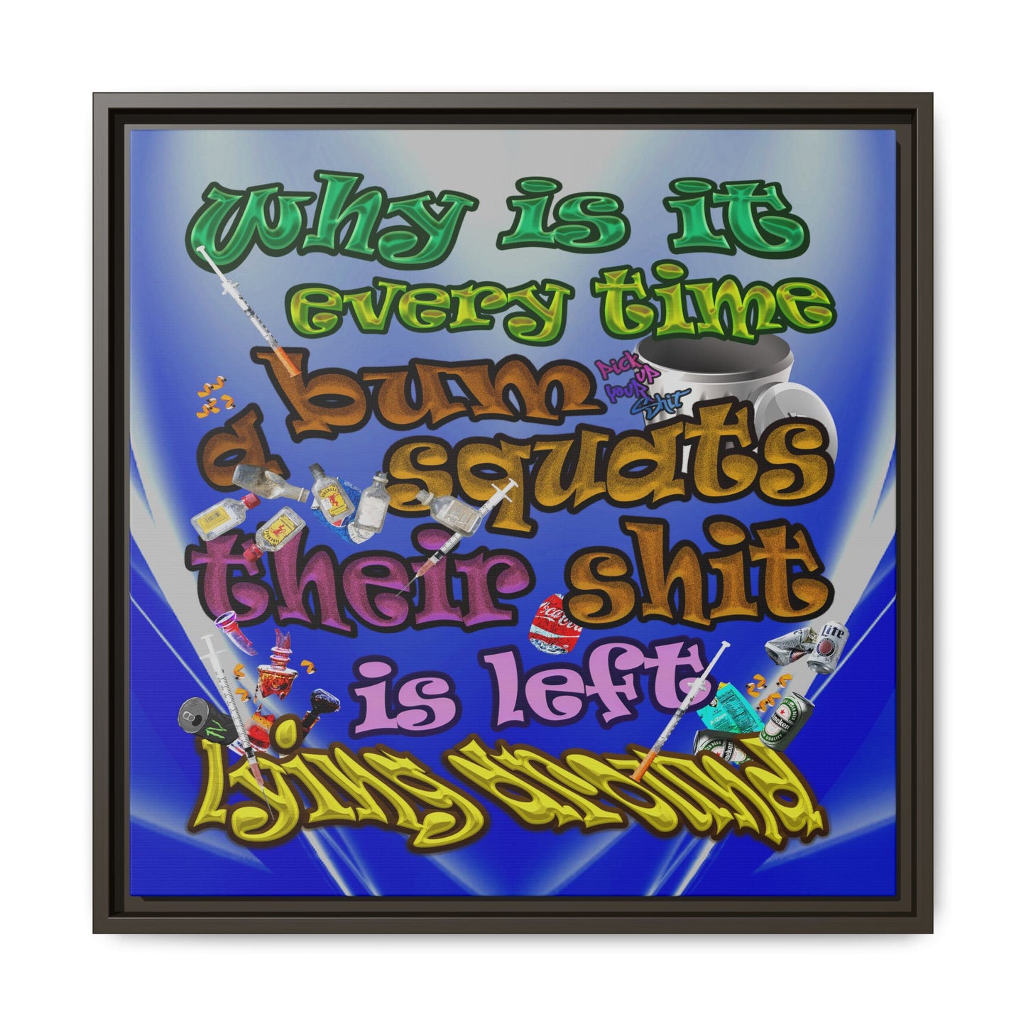 the bum's shit - framed canvas art (blue-white wave)