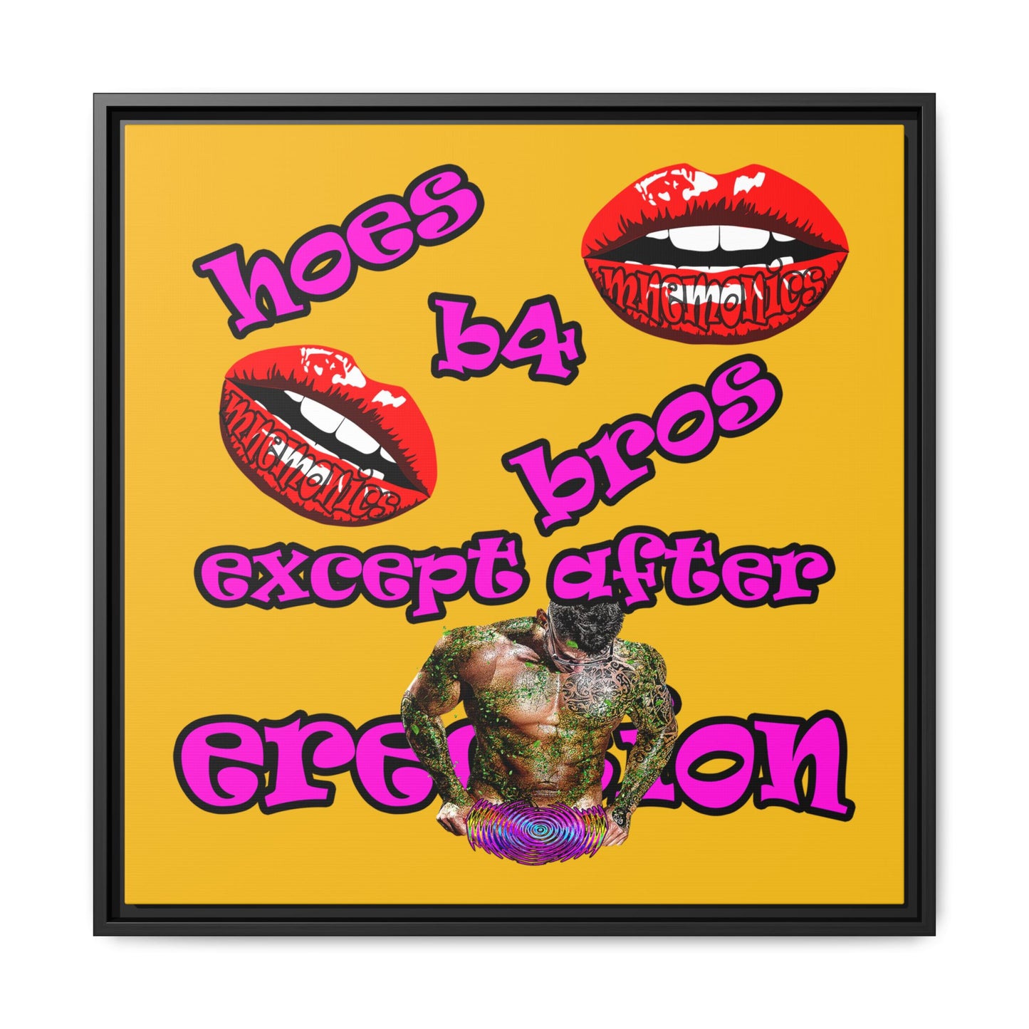hoes b4 bros - framed canvas art (yellow)