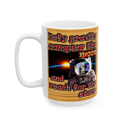 defy conquer reach - White Mug (butterscotch wood finish)
