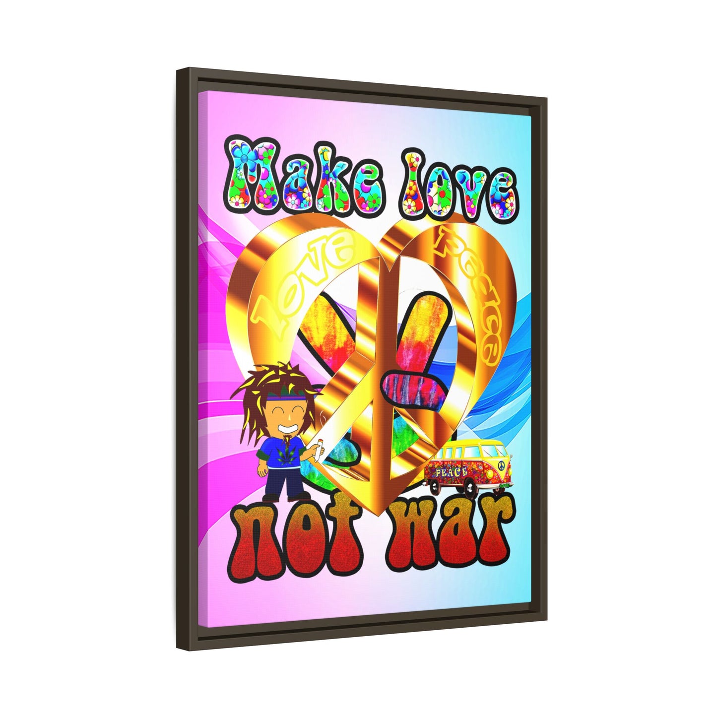 love peace - framed canvas art (light blue-pink wave)