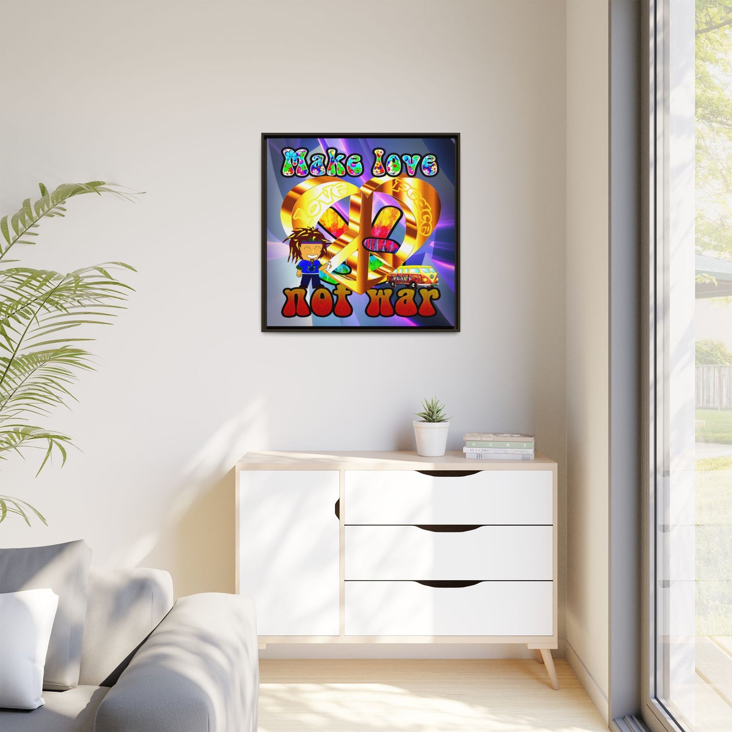 love peace - framed canvas art (grey-pink wave)