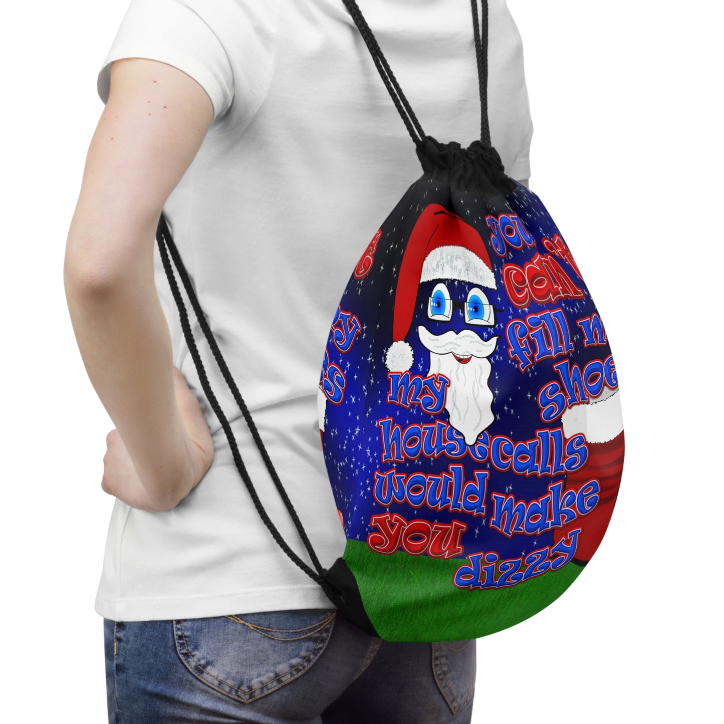 santa's shoes - Drawstring Bag ('snoops' background)