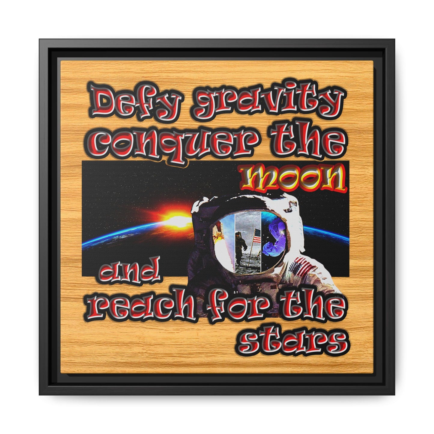 defy conquer reach - framed canvas art (butterscotch wood finish)
