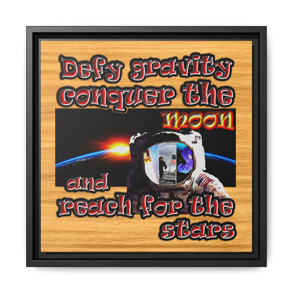 defy conquer reach - framed canvas art (butterscotch wood finish)