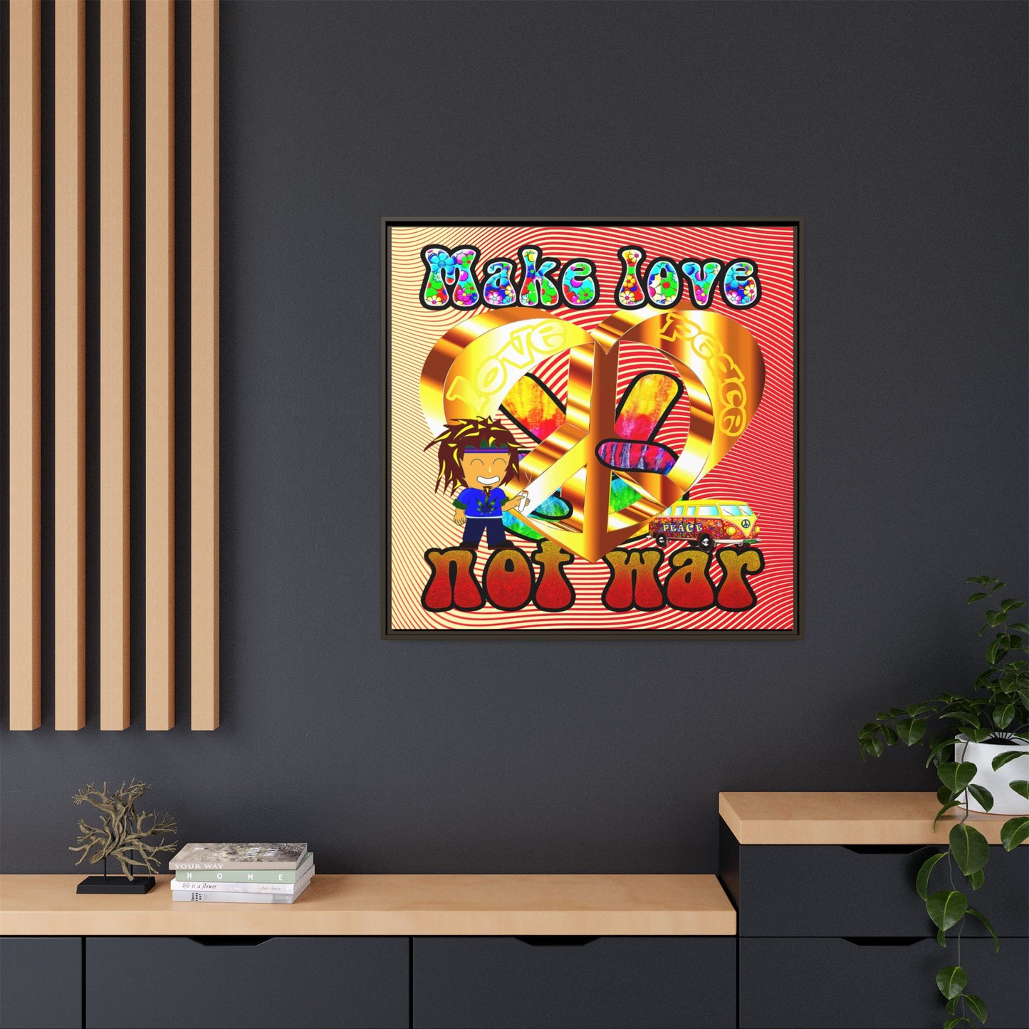 love peace - framed canvas art (yellow-orange wave)