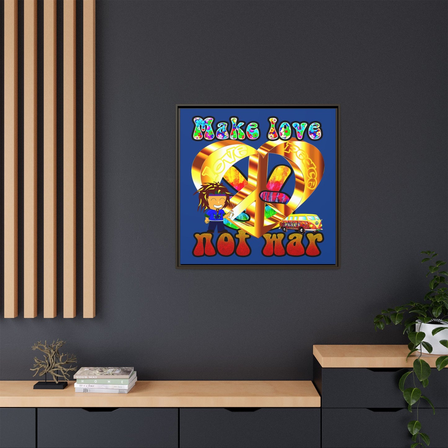 love peace - framed canvas art (dark blue)