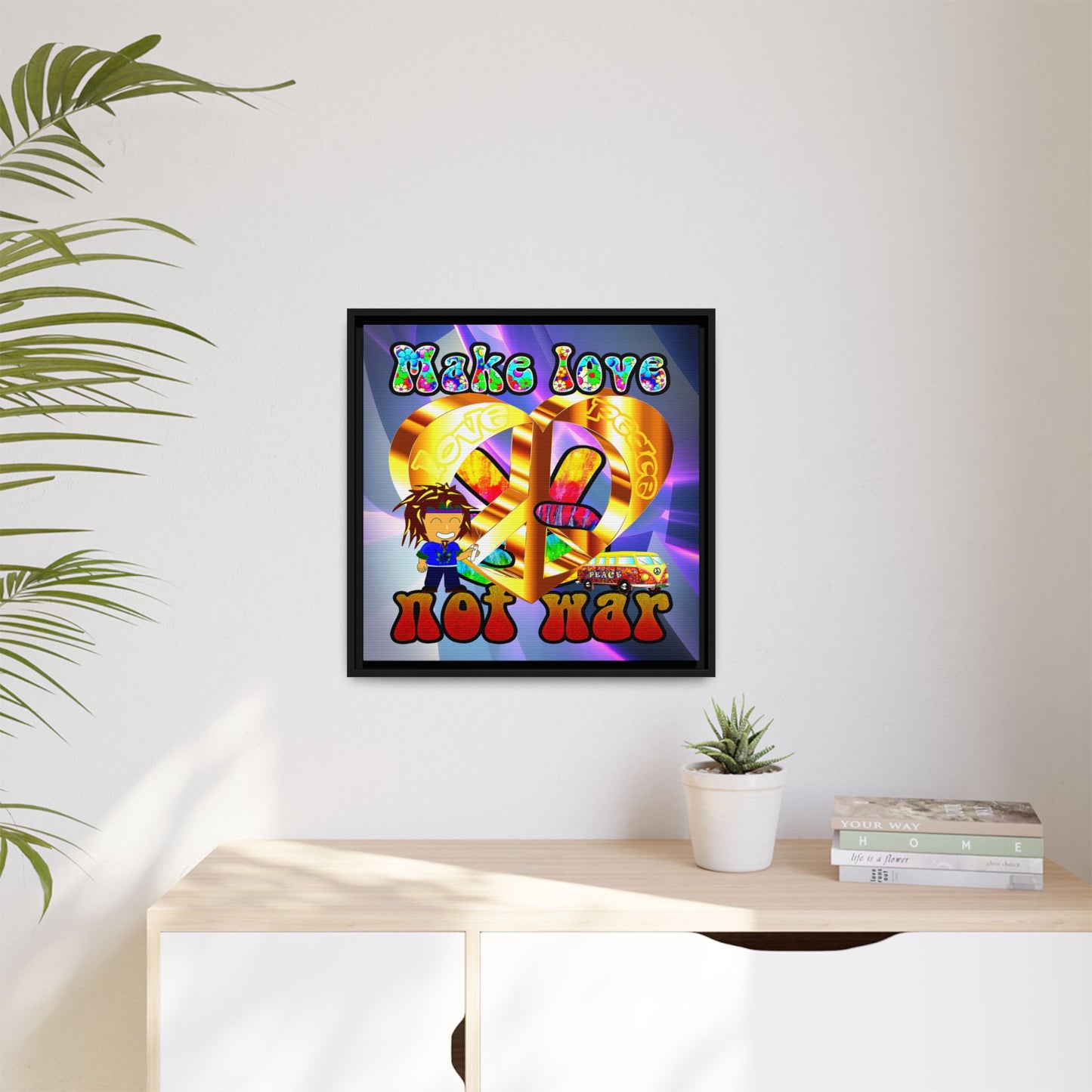 love peace - framed canvas art (grey-pink wave)