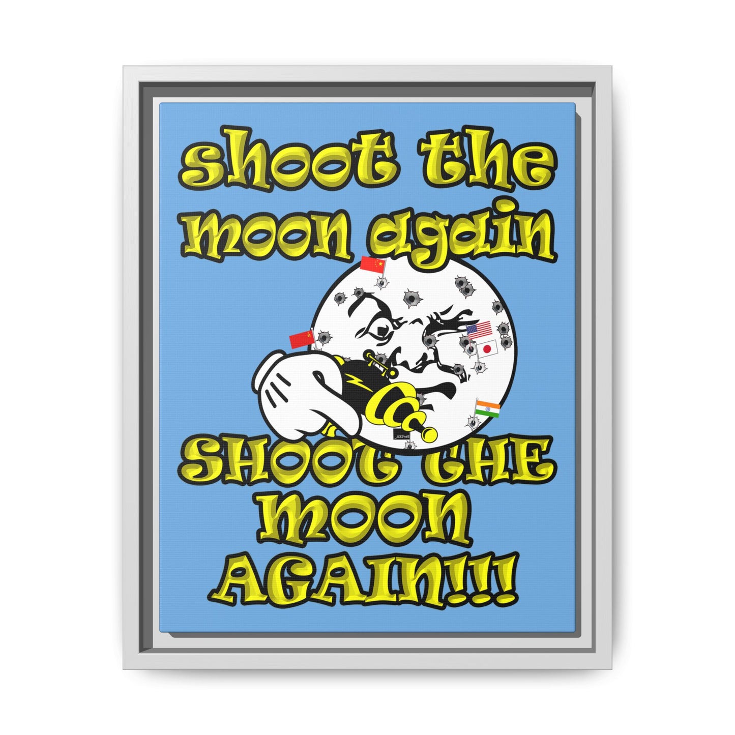 shoot the moon again - framed canvas art (light blue)
