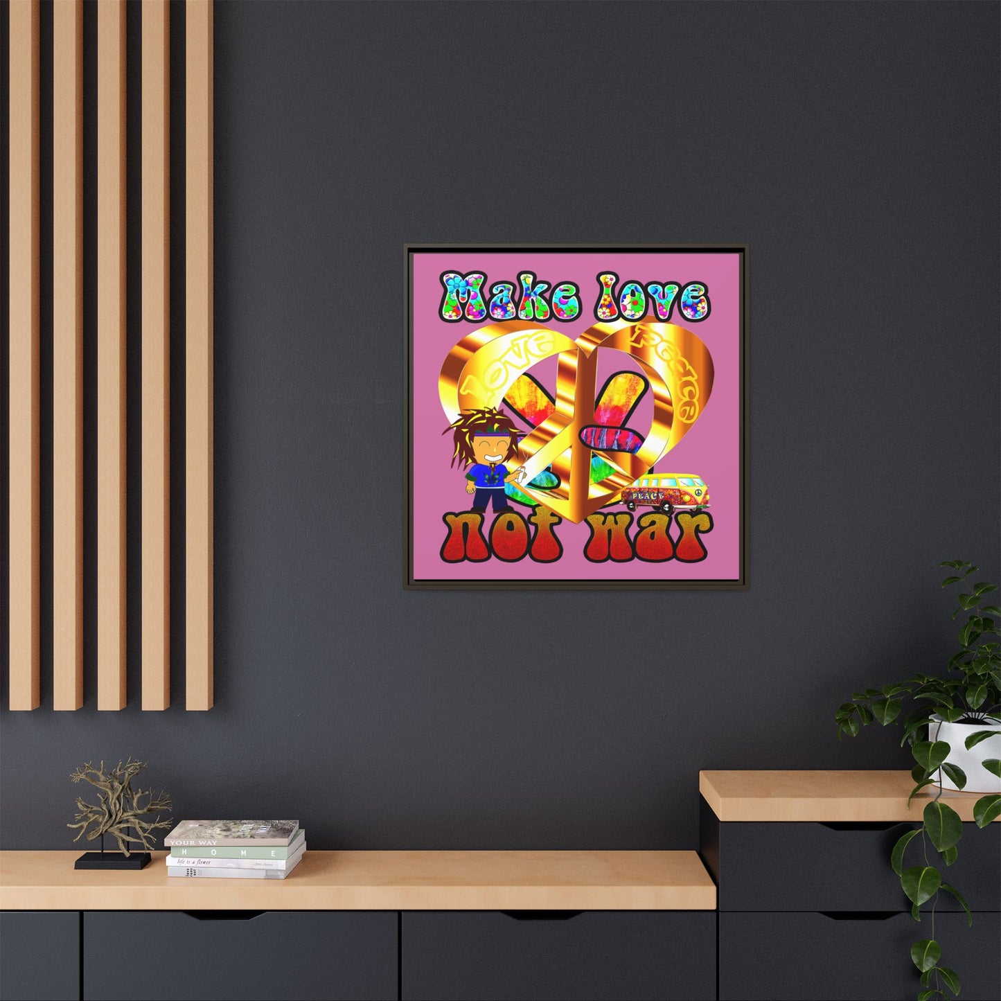 love peace - framed canvas art (light pink)