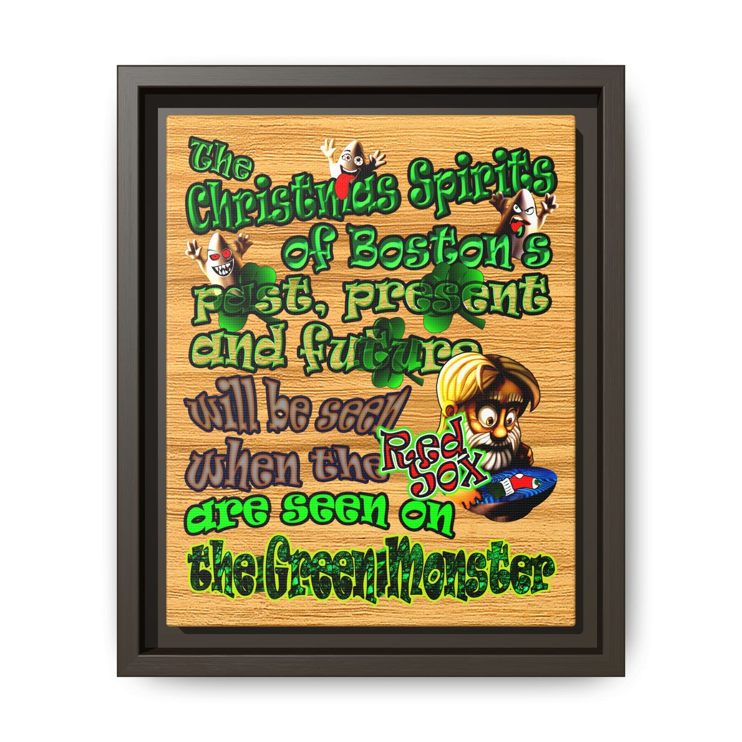 christmas spirits of boston - framed canvas art (butterscotch wood finish)