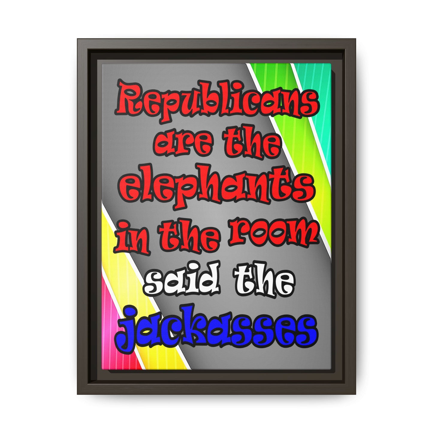 donkeys and elephants - framed canvas art (rainbow split)