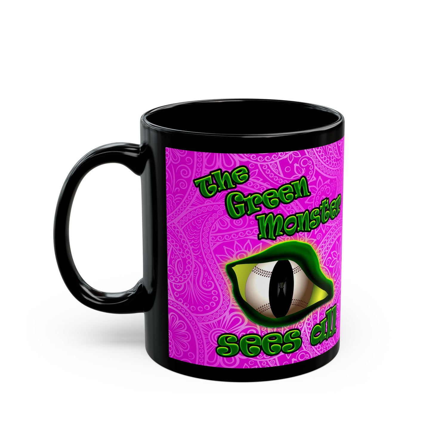 green monster - Black Mug (pink swirl)
