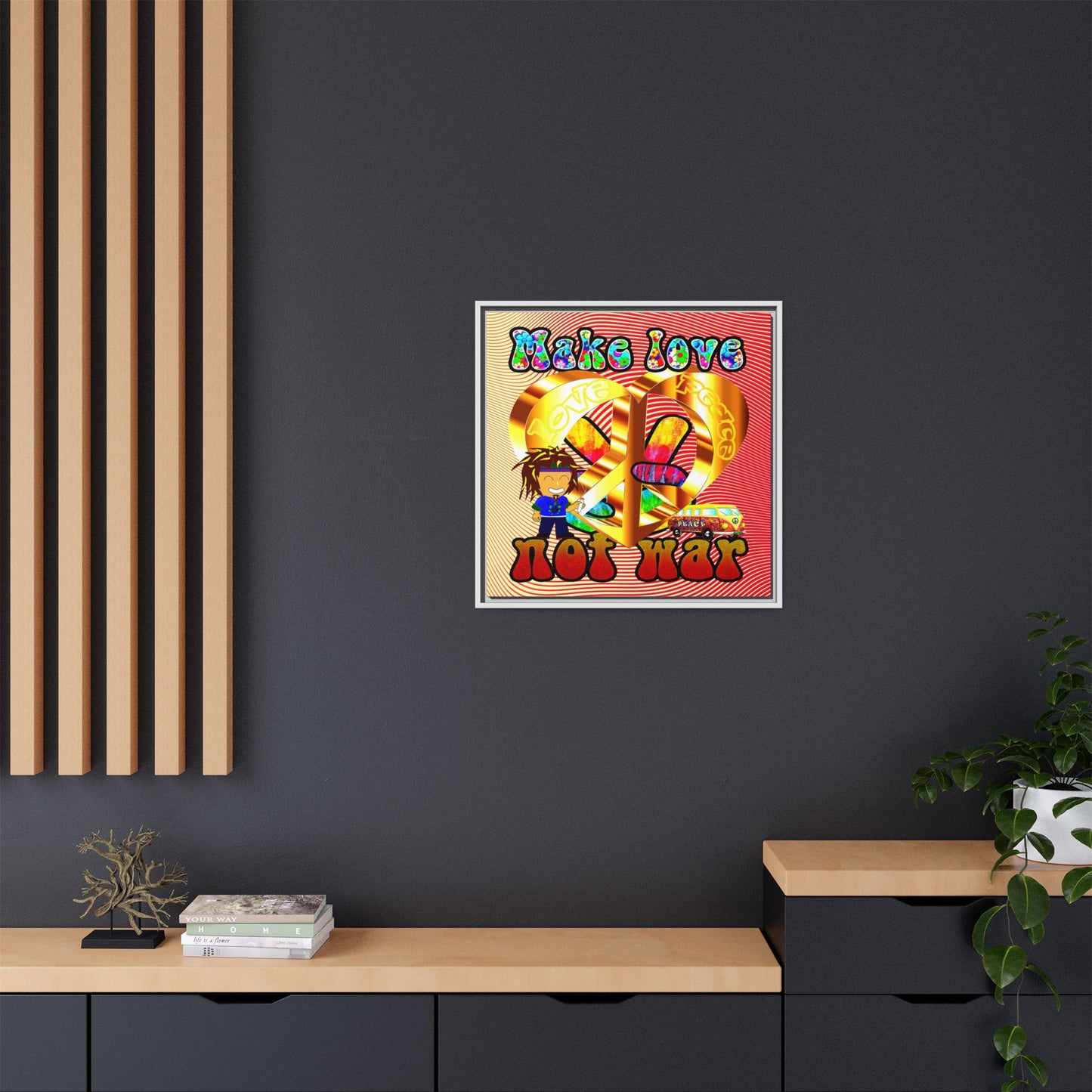 love peace - framed canvas art (yellow-orange wave)