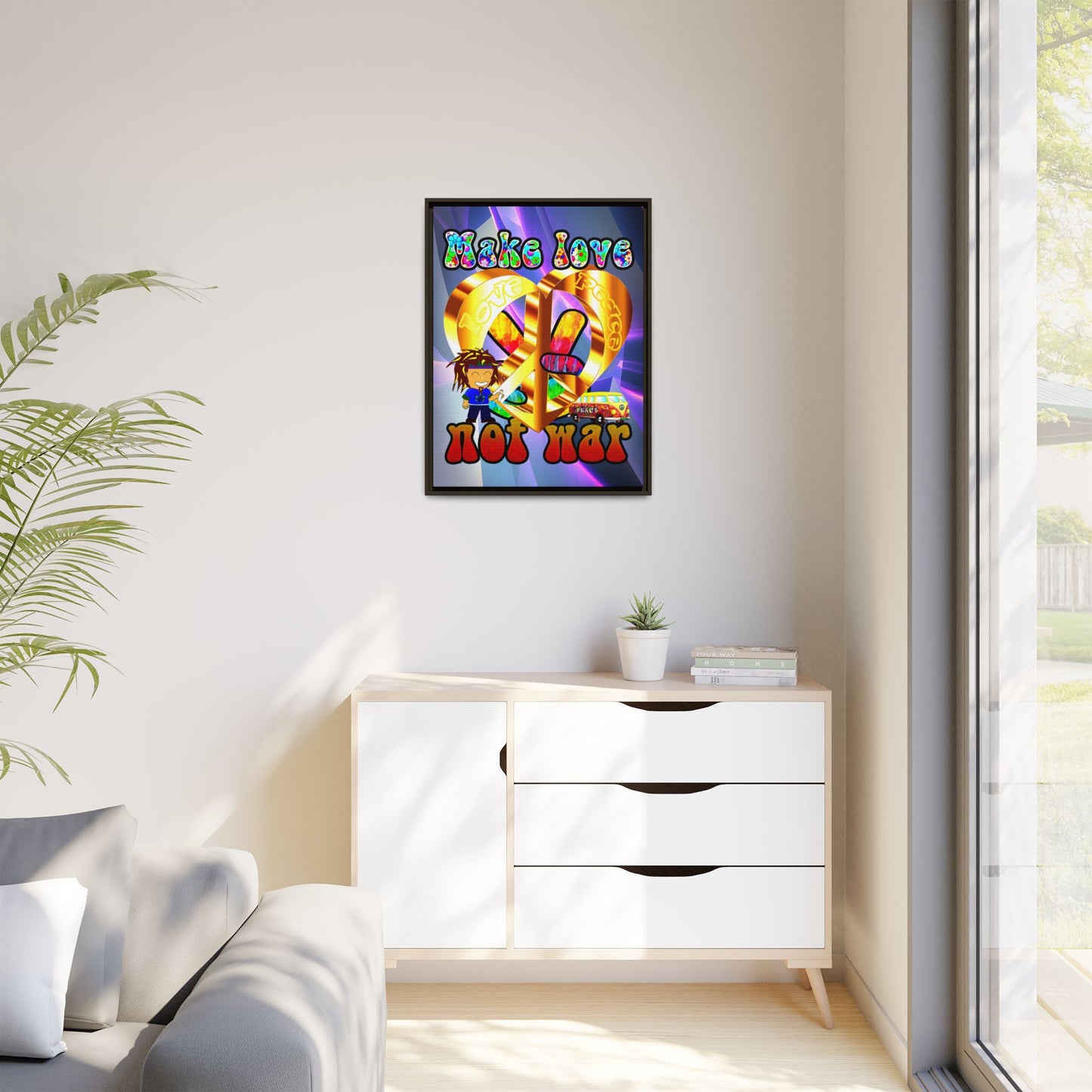 love peace - framed canvas art (grey-pink wave)