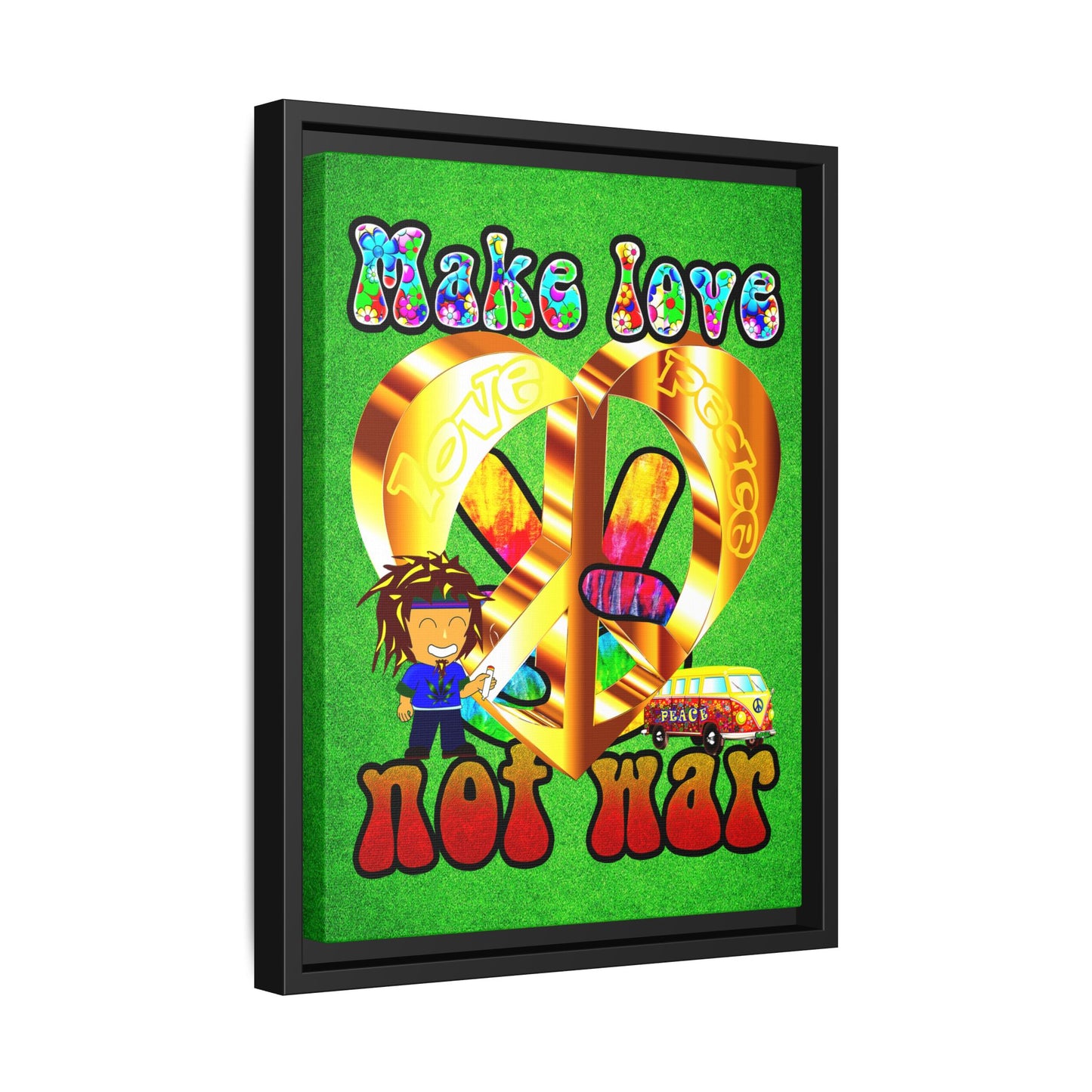 love peace - framed canvas art (green turf)