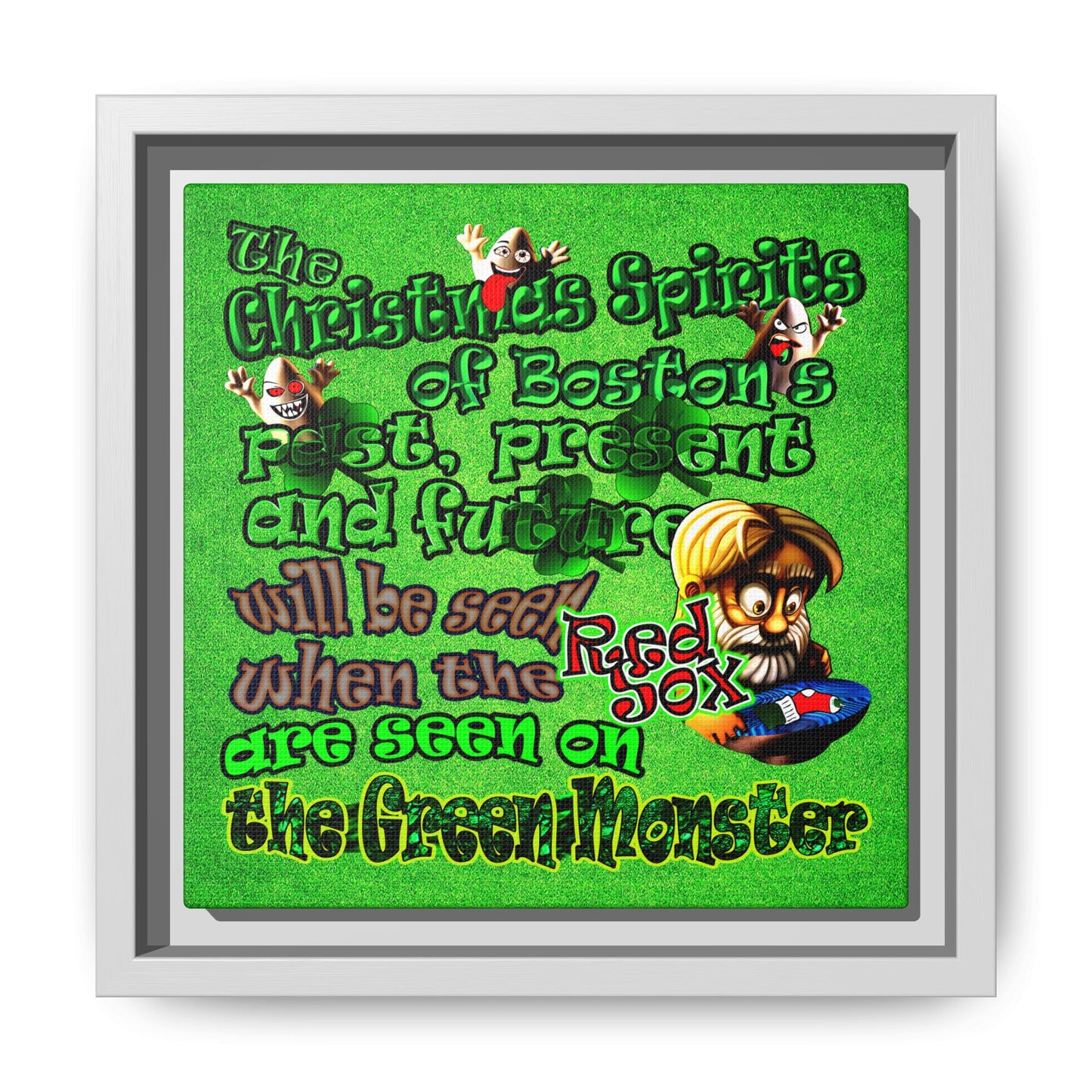 christmas spirits of boston - framed canvas art (green turf)