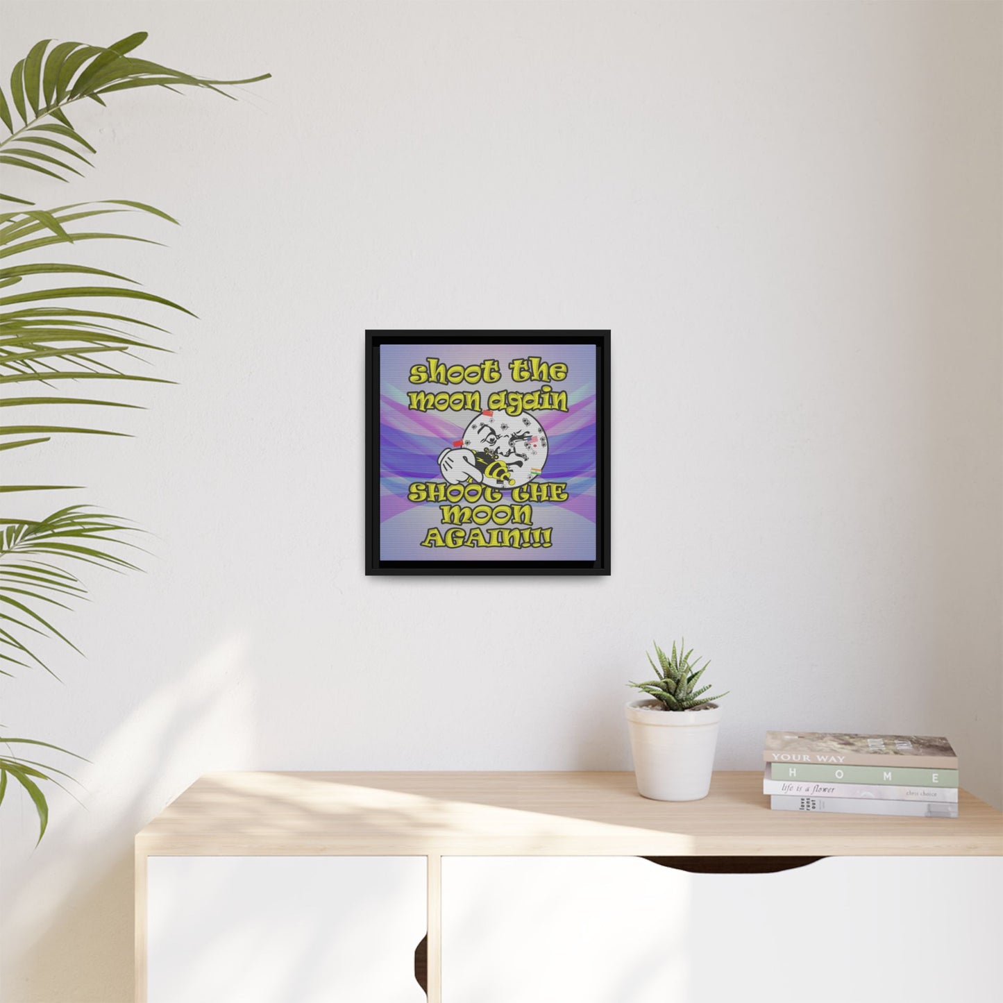 shoot the moon again - framed canvas art (light blue-pink wave)