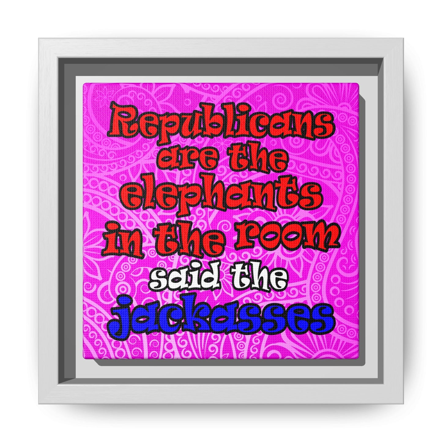 donkeys and elephants - framed canvas art (pink swirl)