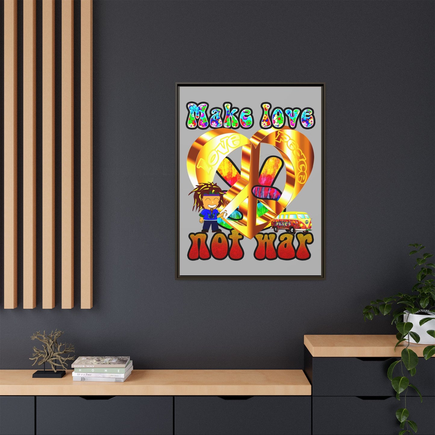 love peace - framed canvas art (light grey)