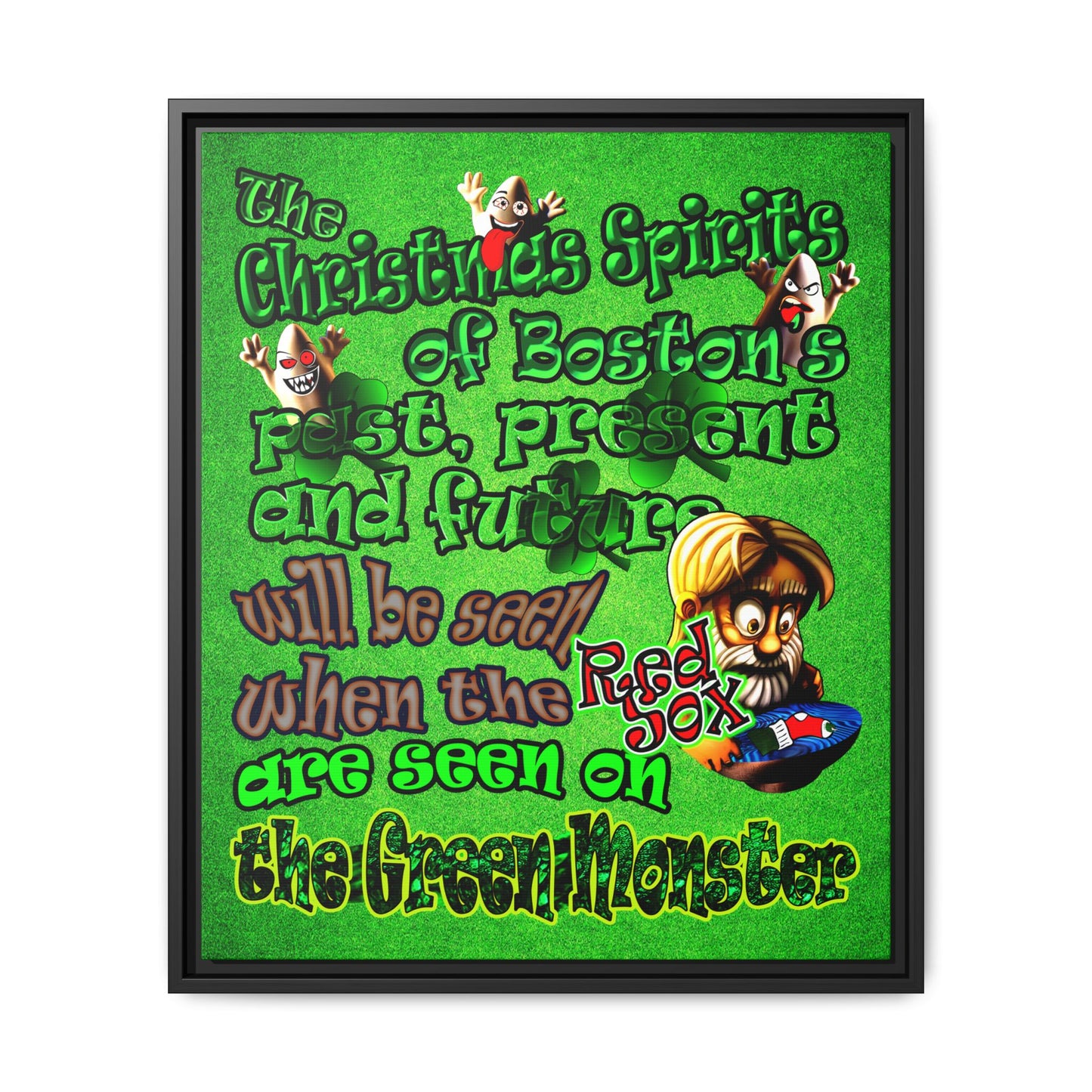 christmas spirits of boston - framed canvas art (green turf)